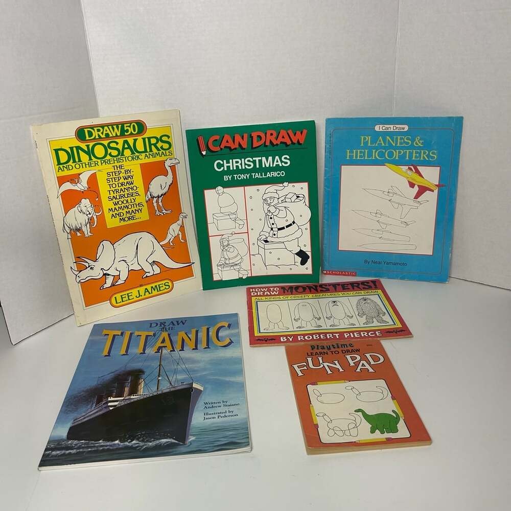 6 Vintage Learn to Draw Books, Draw 50 Dinosaurs and I Can Draw Christmas